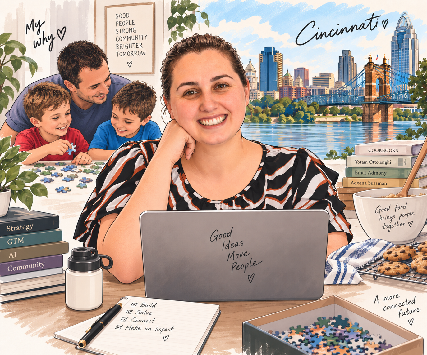 Illustrated portrait of Becca at her laptop, with her family, the Cincinnati skyline, cookbooks, cookies, and handwritten notes around her