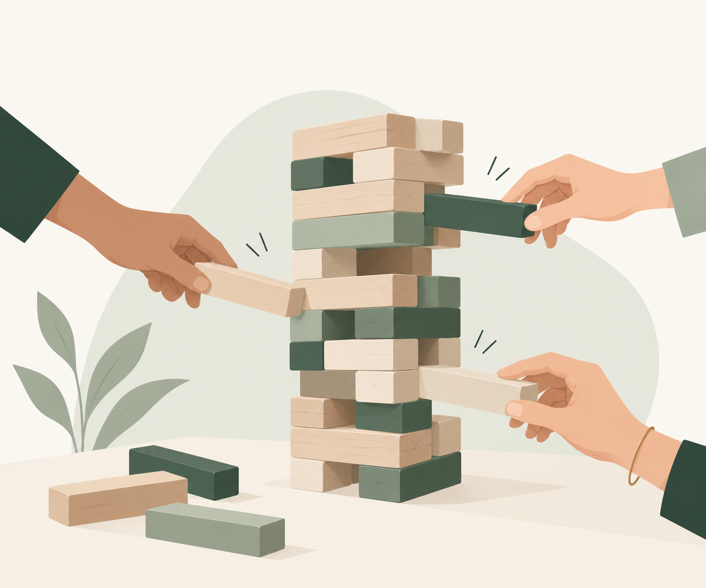Illustration of three hands carefully rebuilding a wooden block tower